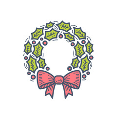 Elegant Line Art Christmas Wreath Vector Illustration. Festive Holly Garland with Decorative Bow, Winter Holiday Season Design Element.