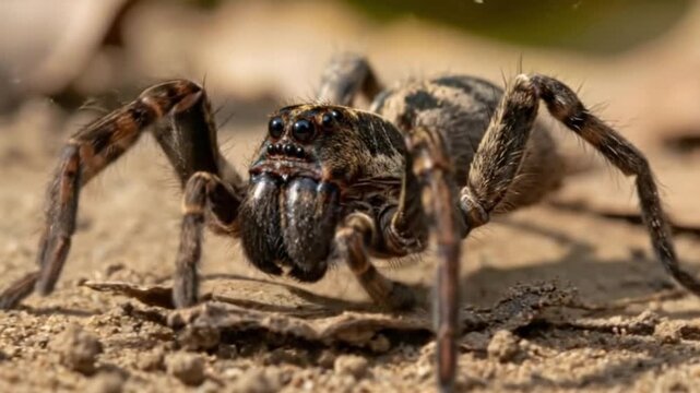 A closeup of a patterned wolf spider with hairy legs on a sandy surface