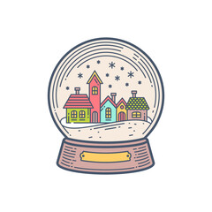 Retro Line Art Snow Globe Vector Illustration. Minimalist Winter Village Landscape with Falling Snowflakes. Christmas Holiday Season Design Element.