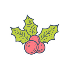 Retro Line Art Holly Berries and Leaves Vector Illustration. Minimalist Christmas Holiday Season Design Element. Festive Winter Greenery Icon.