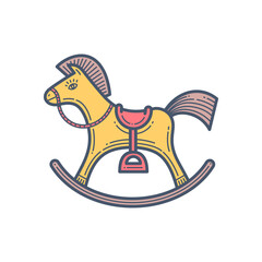 Retro Line Art Rocking Horse Toy. Minimalist Childhood Playtime Vector Illustration. Vintage Nursery Design Element.