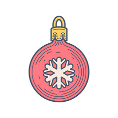 Retro Line Art Christmas Bauble with Snowflake. Minimalist Holiday Ornament Vector Icon. Festive Winter Season Design Element.