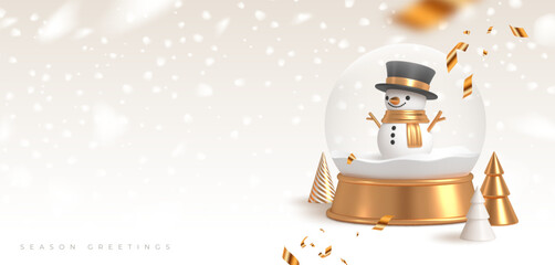 Christmas greeting card with snowglobe and christmas tree. Design with copy space. Vector illustration.