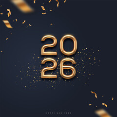 New year greeting card. 2026 new year golden logo and confetti on black background. Greeting design with gold metal new year sign.  Vector illustration.