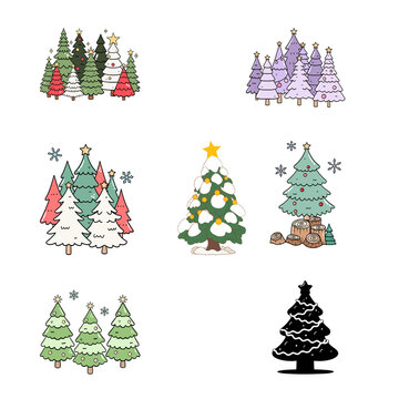 Hand-Drawn Christmas Tree Doodles PNG Bundle | Minimalist Outline Winter Trees Set Clip Art | Scandinavian Holiday Line Art Vector