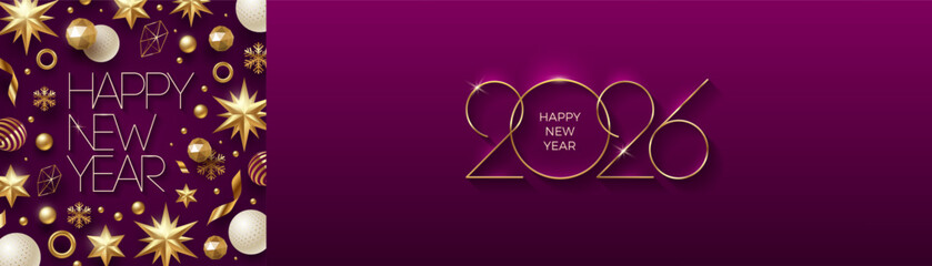 Greeting card with golden 2026 New Year golden logo. New year golden sign, Background with Christmas decor.  Holiday design for greeting card, invitation, cover, calendar, etc. Vector illustration.
