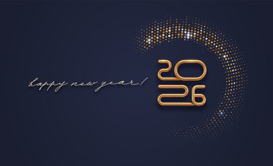 2026 new year luxury logo with shining golden halftone on black background. Design for greeting card. Vector illustration.