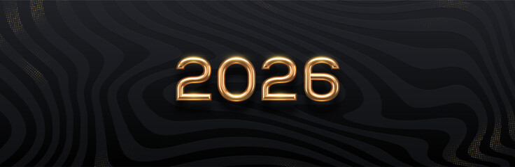 2026 new year golden logo on abstract black waves background. Greeting design with gold metal number of year. Design for greeting card, invitation, calendar, etc. Vector illustration.