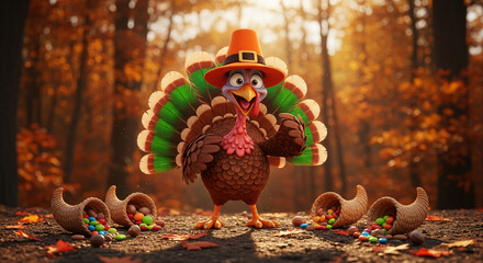 Cartoon turkey wearing a pilgrim hat, surrounded by cornucopia and colorful candies, symbolizing Thanksgiving celebration, autumn harvest, and festive spirit