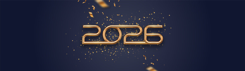 2026 new year golden logo and confetti on black background. Greeting card design with gold metal number of year. Vector illustration for greeting card, invitation, calendar, etc.
