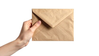 Fototapeta premium A hand, with pale skin, presents a closed, brown paper envelope against a clean white background. The focus is on the object