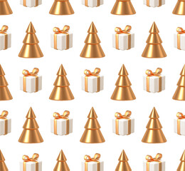 Elegant Seamless Pattern of 3D Golden and White Minimalist Christmas Trees and Gift Boxes. Modern Festive Holiday Design for Luxury Winter Celebrations and Backgrounds.