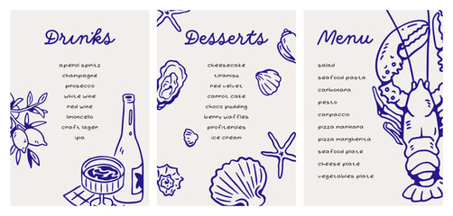 Italian seafood menu templates set. Doodle Dolce Vita style card designs with lobster, oysters, limoncello. Hand-drawn coastal sea food, bar, drink for Italy cafe, restaurant. Vector illustration