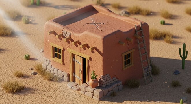 Charming Adobe House in Desert Landscape with Ladder and Cacti