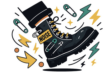 Naklejka premium Punk Boots Energy. Punk revival boots. Safety pins and lightning bolts orbit around scuffed leather; a patch reads ?NOISE.? Rebel rhythm in every step. Modern