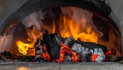 Wood ablaze inside a dark, arched brick oven. Bright flames rise around charred logs and hot coals