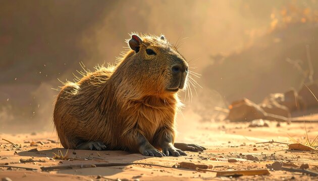 A large, brown rodent rests on dusty ground, illuminated by sunlight. Dry grass and rocks surround. Soft focus on the creature