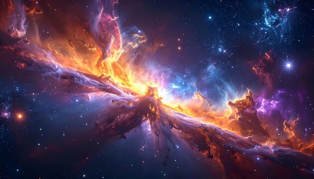Vibrant cosmic nebula explosion, fiery orange hues blend with blue-purple, creating a stunning celestial spectacle - Powered by Adobe