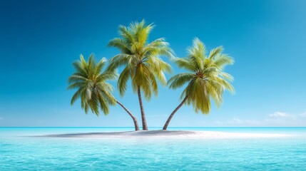 Fototapeta premium A tranquil paradise unfolds as three lush palm trees rise from a sandy island, surrounded by crystal-clear turquoise waters. Gentle waves lap the shore under a bright, azure sky