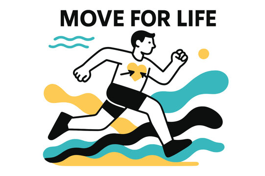 Energetic Runner Illustration. Why We Need to Exercise. A dynamic figure runs through abstract waves of energy; ?Move for Life? floats above glowing rhythm
