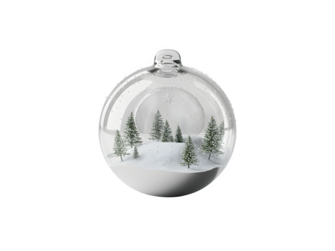 Clear glass christmas ornament with a winter forest scene inside isolated on transparent background