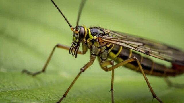 A detailed macro shot captures a scorpionfly perched on a green leaf