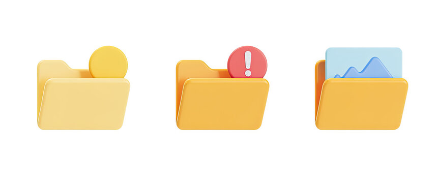 Three yellow folders with different icons 3d rendering