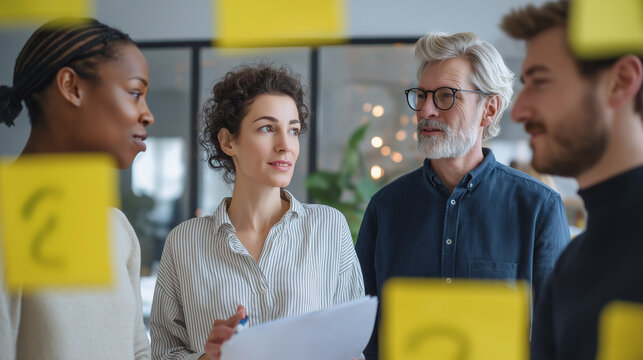 Business team planning sustainability project with sticky notes in office.