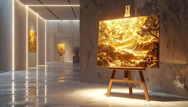 A luxurious gallery showcasing golden artwork. Illuminated hallway with multiple gilded panels on easels and marble walls