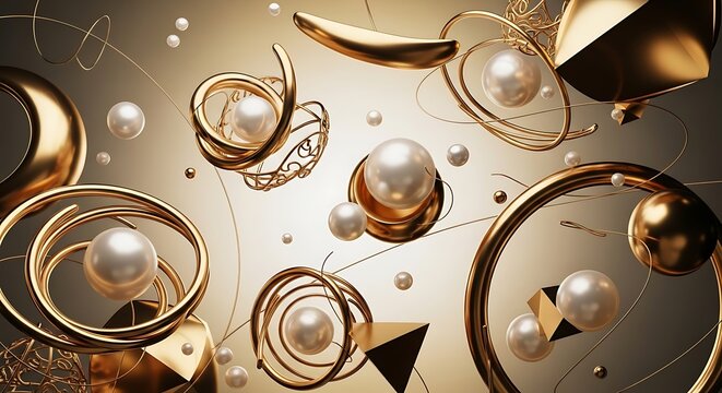 Opulent composition of golden shapes and pearls floating in balance