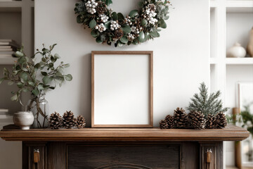 Minimalist Christmas poster mockup with wreath and pinecones on mantel in modern room