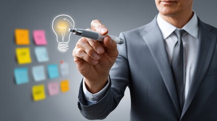 A businessman holding a pen with a glowing light bulb illustration, symbolizing creativity and innovation alongside colorful sticky notes.