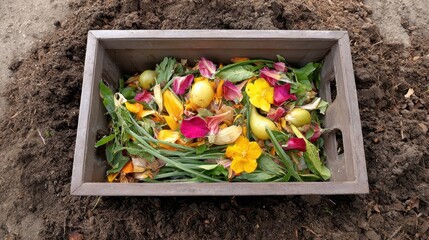 A wooden box filled with colorful flower petals, greens, and small fruits, resting on rich soil, showcasing a vibrant composting scene.