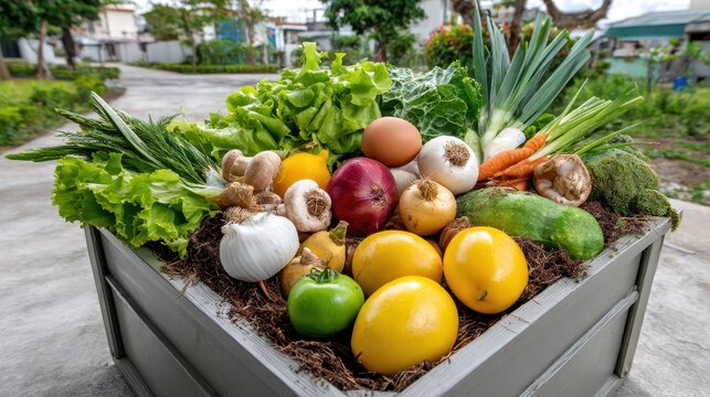 A vibrant display of fresh vegetables and fruits in a wooden planter, highlighting healthy food options and gardening.