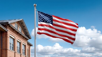 A waving American flag stands proudly in front of a brick building against a clear blue sky with fluffy clouds.