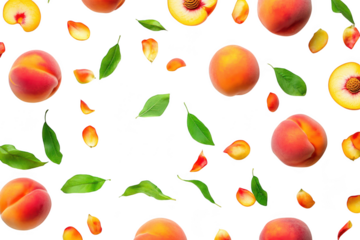 A arrangement of ripe peaches surrounded by green leaves and scattered rose petals on a clean white background. perfect for food-related themes or seasonal promotions