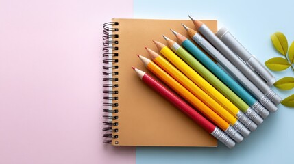 A colorful arrangement of pencils and markers beside a blank notebook, set against a pastel background, inviting creativity and artistic expression.