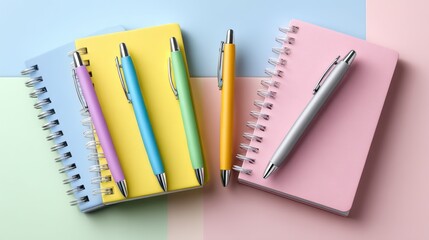 Colorful notebooks and pens arranged aesthetically on a pastel background, ideal for creative work or study.