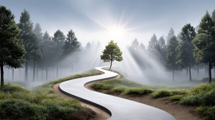 A tranquil winding path leads through a foggy forest, illuminated by soft sunlight breaking through the trees, creating a serene atmosphere.