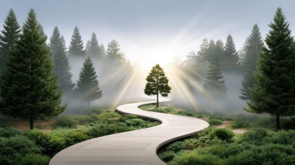 A serene winding path through a misty forest, highlighted by bright rays of sunlight filtering through tall trees.