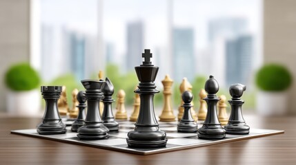 A close-up view of a chessboard featuring black and white pieces, set against a modern city backdrop with green plants.