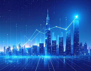 Futuristic city skyline with data lines and ascending arrow