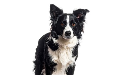 Fototapeta premium A medium shot of a dog, mostly black and white, against a pure white background, looking directly at the viewer with amber eyes
