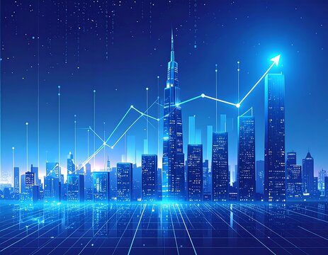 Futuristic city skyline with data lines and ascending arrow
