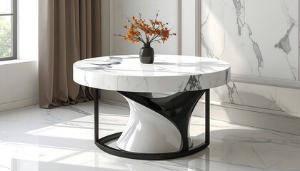 A modern living space with a marble-topped table featuring an artistic, black and white base. A vase with orange flowers sits on top
