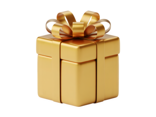 A luxurious golden gift box with a satin ribbon and bow isolated on transparent background