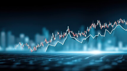 A futuristic financial graph showcasing upward trends against a city skyline background, emphasizing technological advancement in finance.