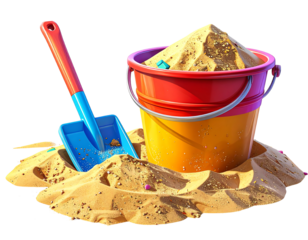 Colorful Bucket and Shovel on Beach Sand