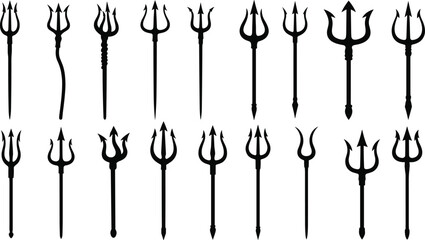 Trident silhouette collection, black vector illustration of different trident designs, Poseidon weapon shapes for mythology, fantasy, power, and ancient symbol design concepts