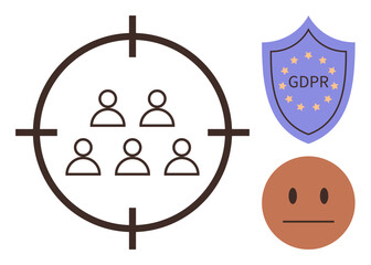 Group of individuals in a crosshair, GDPR shield icon, and neutral face emotion. Represents privacy, protection, compliance, user rights, data policy ethical targeting responsibility. A simple flat